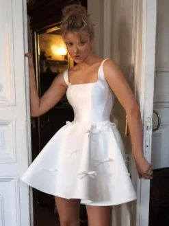Short Wedding Dress Short Square Neck Sleeveless Princess Silhouette Natural Waist Satin Fabric Bridal Dresses