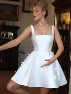Short Wedding Dress Short Square Neck Sleeveless Princess Silhouette Natural Waist Satin Fabric Bridal Dresses