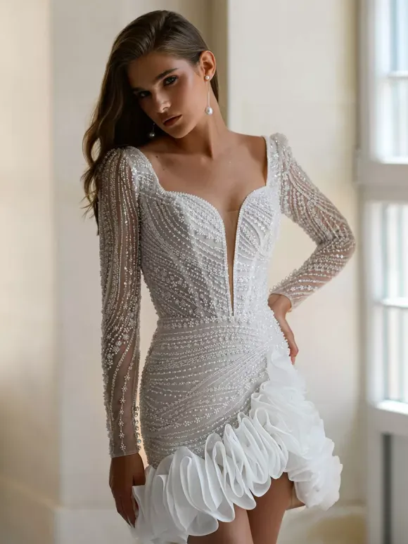 Short Wedding Dress Short Designed Neckline Long Sleeves Short Natural Waist Lace Bridal Gowns