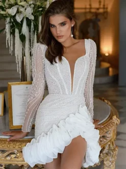 Short Wedding Dress Short Designed Neckline Long Sleeves Short Natural Waist Lace Bridal Gowns