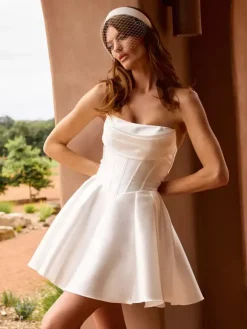 Short Wedding Dress Short Designed Neckline 3/4 Length Sleeves Short Natural Waist Satin Fabric Bridal Dresses