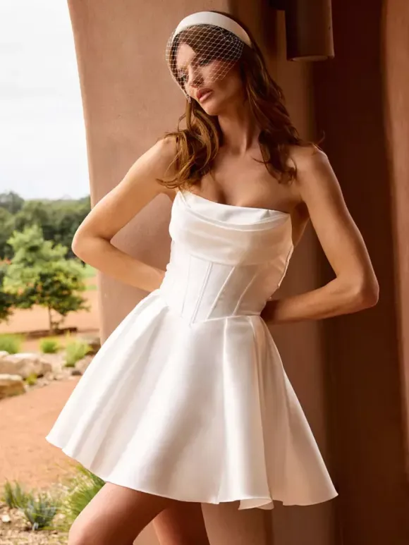 Short Wedding Dress Short Designed Neckline 3/4 Length Sleeves Short Natural Waist Satin Fabric Bridal Dresses