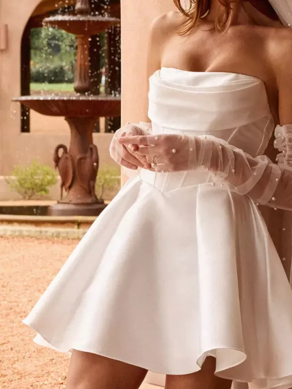 Short Wedding Dress Short Designed Neckline 3/4 Length Sleeves Short Natural Waist Satin Fabric Bridal Dresses