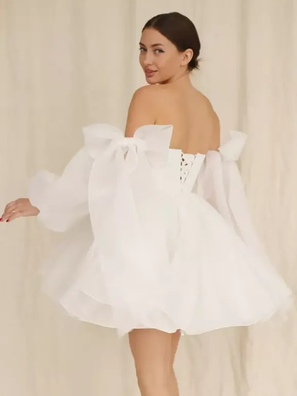 Short Wedding Dress Short Strapless Long Sleeves Princess Silhouette Natural Waist Organza Bridal Gowns