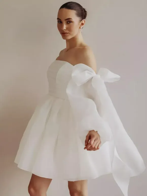 Short Wedding Dress Short Strapless Long Sleeves Princess Silhouette Natural Waist Organza Bridal Gowns