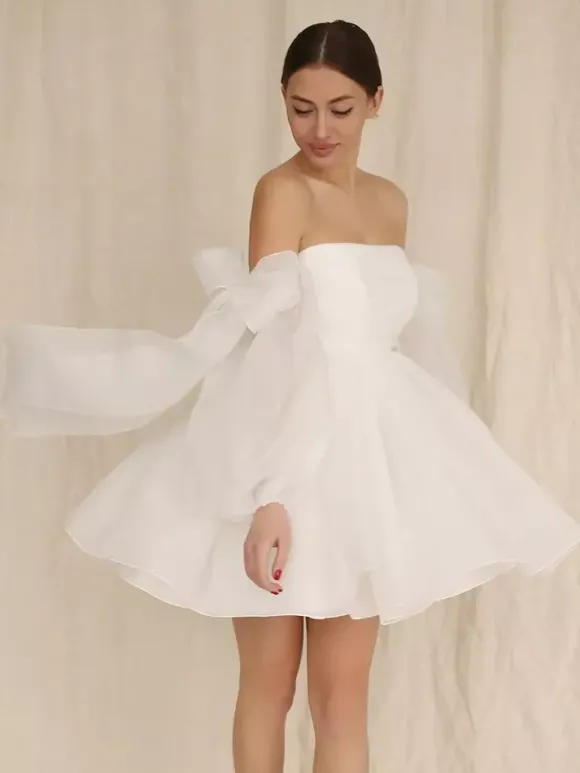 Short Wedding Dress Short Strapless Long Sleeves Princess Silhouette Natural Waist Organza Bridal Gowns