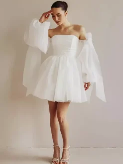 Short Wedding Dress Short Strapless Long Sleeves Princess Silhouette Natural Waist Organza Bridal Gowns