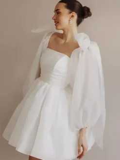 Short Wedding Dress Short Strapless Long Sleeves Princess Silhouette Natural Waist Organza Bridal Gowns
