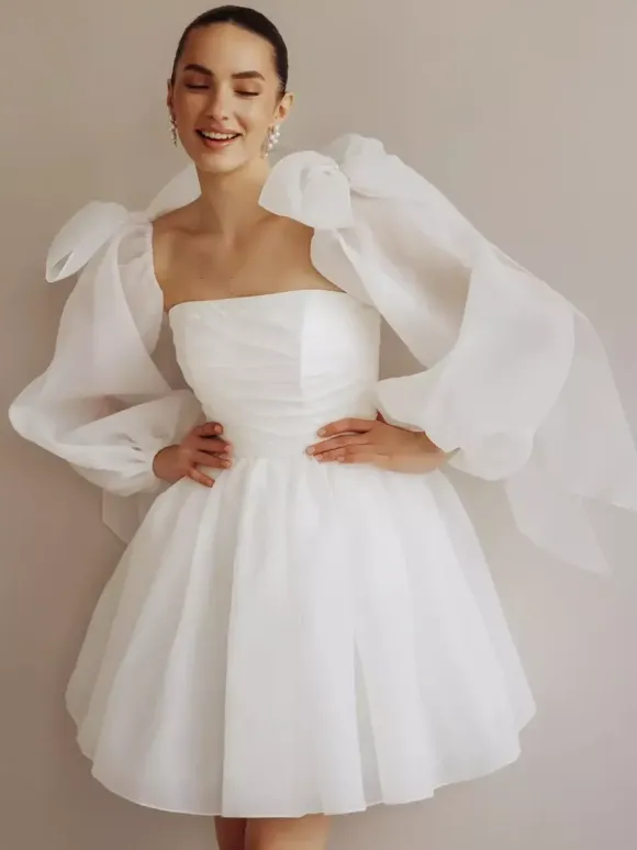 Short Wedding Dress Short Strapless Long Sleeves Princess Silhouette Natural Waist Organza Bridal Gowns