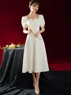 Short Wedding Dress Square Neck Short Sleeves A-Line Tea-Length Bridal Dresses Free Customization