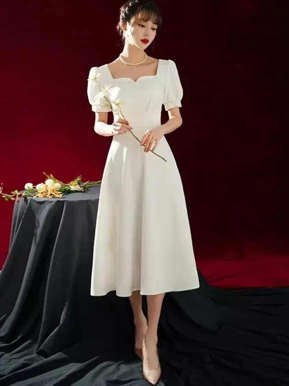 Short Wedding Dress Square Neck Short Sleeves A-Line Tea-Length Bridal Dresses Free Customization