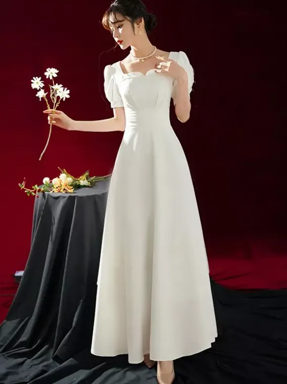Short Wedding Dress Square Neck Short Sleeves A-Line Tea-Length Bridal Dresses Free Customization