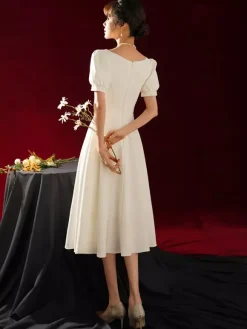 Short Wedding Dress Square Neck Short Sleeves A-Line Tea-Length Bridal Dresses Free Customization