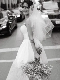 Short Wedding Dress Square Neck Sleeveless A-Line Satin Fabric Bridal Dress Free Customization