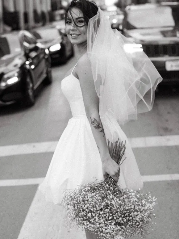 Short Wedding Dress Square Neck Sleeveless A-Line Satin Fabric Bridal Dress Free Customization