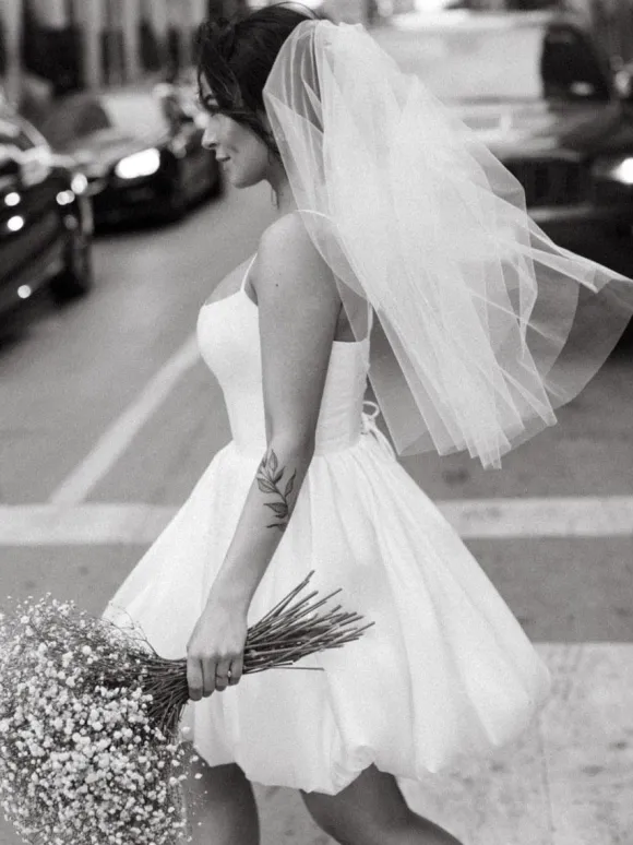 Short Wedding Dress Square Neck Sleeveless A-Line Satin Fabric Bridal Dress Free Customization