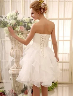 Short Wedding Dress Strapless Tiered Bridal Dress Sweetheart Neckline Satin Knee Length Wedding Gown Milanoo