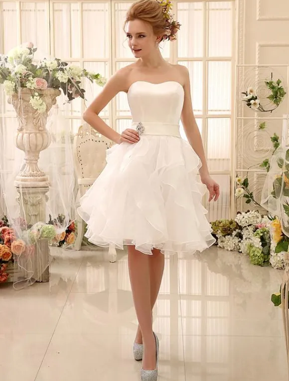 Short Wedding Dress Strapless Tiered Bridal Dress Sweetheart Neckline Satin Knee Length Wedding Gown Milanoo