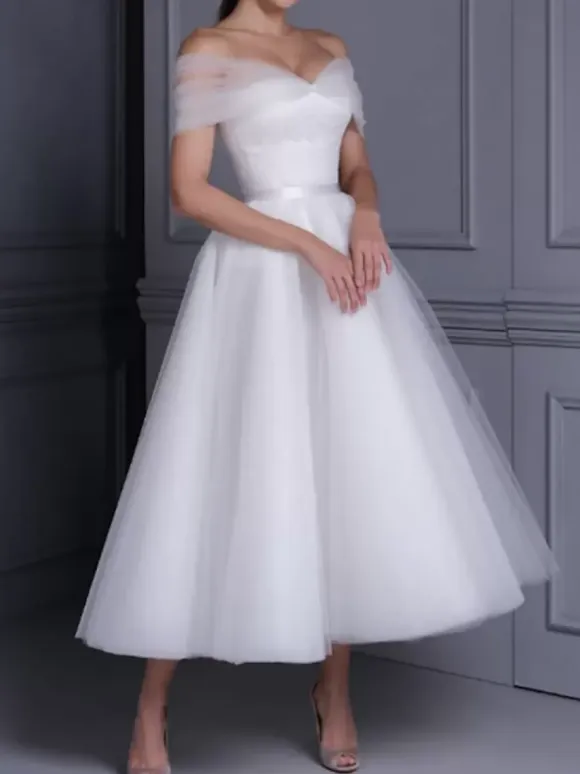 Short Wedding Dress Sweetheart Neck Sleeveless A-Line Tea-Length Bridal Dresses