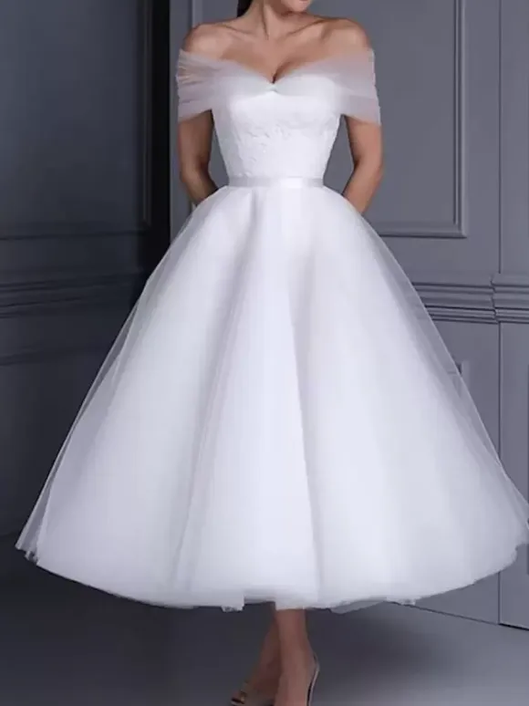Short Wedding Dress Sweetheart Neck Sleeveless A-Line Tea-Length Bridal Dresses