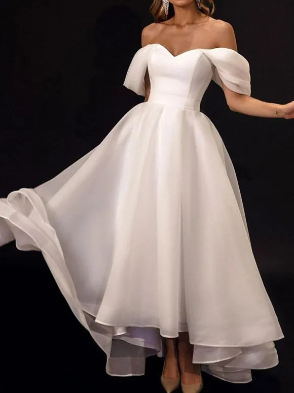 Short Wedding Dress Tea-Length Strapless Short Sleeves A-Line Organza Bridal Dress Free Customization