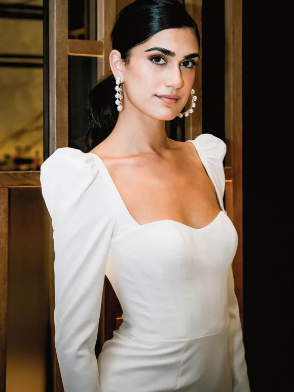 Short Wedding Dress Tea-Length Sweetheart Neck Long Sleeves Mermaid Stretch Crepe Bridal Dresses Free Customization