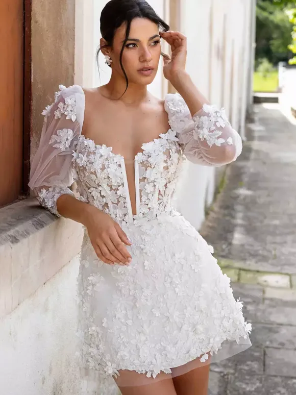 Short Wedding Dress Two-Pieces A-Line 3/4 Length Sleeves Tulle V-Neck Bridal Dresses
