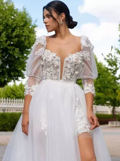 Short Wedding Dress Two-Pieces A-Line 3/4 Length Sleeves Tulle V-Neck Bridal Dresses