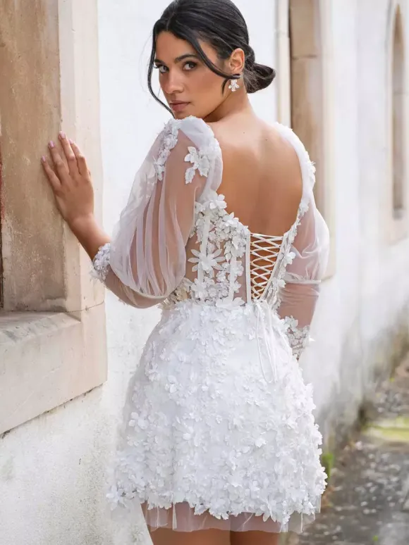 Short Wedding Dress Two-Pieces A-Line 3/4 Length Sleeves Tulle V-Neck Bridal Dresses