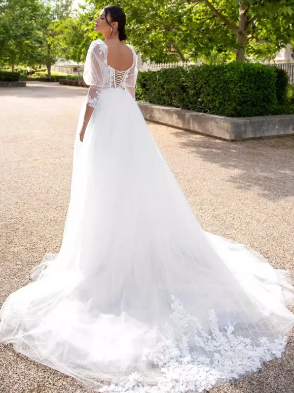Short Wedding Dress Two-Pieces A-Line 3/4 Length Sleeves Tulle V-Neck Bridal Dresses