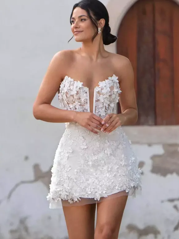Short Wedding Dress Two-Pieces A-Line 3/4 Length Sleeves Tulle V-Neck Bridal Dresses