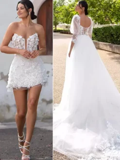 Short Wedding Dress Two-Pieces A-Line 3/4 Length Sleeves Tulle V-Neck Bridal Dresses