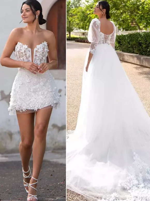 Short Wedding Dress Two-Pieces A-Line 3/4 Length Sleeves Tulle V-Neck Bridal Dresses