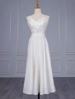 Short Wedding Dress V Neck Sleeveless A Line Tea Length Straps Bridal Gowns