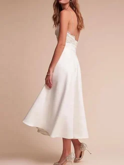 Short Wedding Dress V Neck Sleeveless A Line Tea Length Straps Bridal Gowns