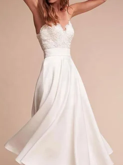 Short Wedding Dress V Neck Sleeveless A Line Tea Length Straps Bridal Gowns