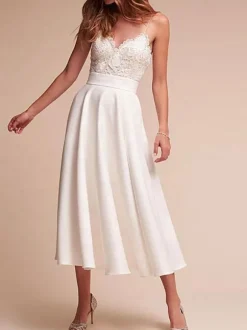 Short Wedding Dress V Neck Sleeveless A Line Tea Length Straps Bridal Gowns