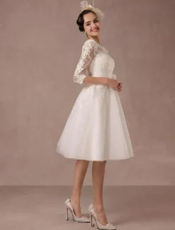 Short Wedding Dress Vintage Lace Applique Long Sleeves Tea Length A-Line Tulle Bridal Gown With Flower Sash Free Customization