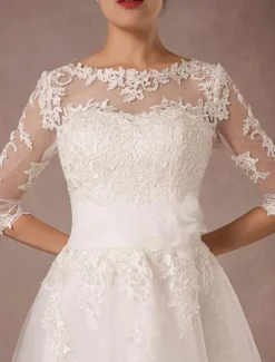 Short Wedding Dress Vintage Lace Applique Long Sleeves Tea Length A-Line Tulle Bridal Gown With Flower Sash Free Customization