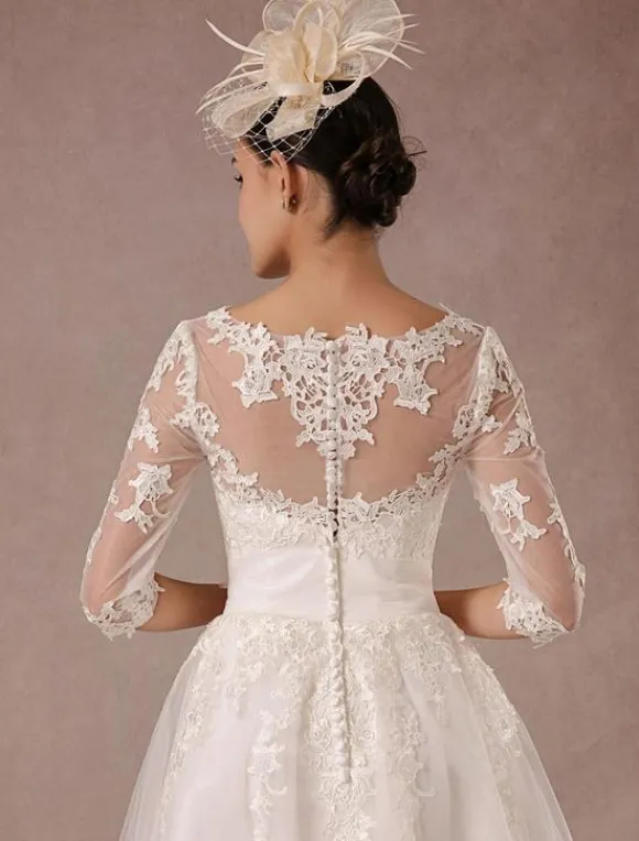 Short Wedding Dress Vintage Lace Applique Long Sleeves Tea Length A-Line Tulle Bridal Gown With Flower Sash Free Customization