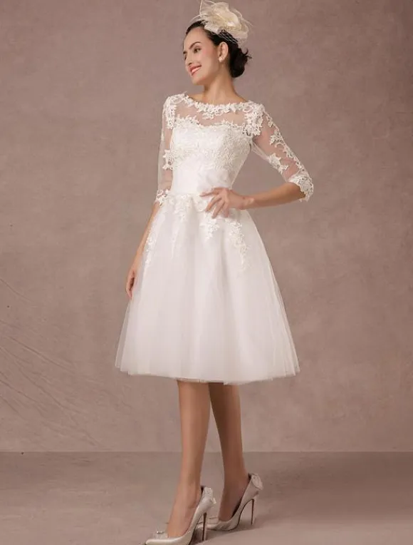 Short Wedding Dress Vintage Lace Applique Long Sleeves Tea Length A-Line Tulle Bridal Gown With Flower Sash Free Customization