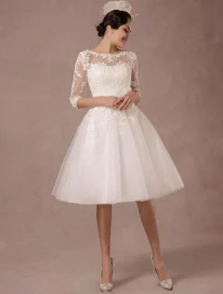 Short Wedding Dress Vintage Lace Applique Long Sleeves Tea Length A-Line Tulle Bridal Gown With Flower Sash Free Customization