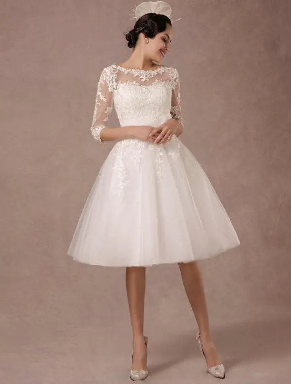 Short Wedding Dress Vintage Lace Applique Long Sleeves Tea Length A-Line Tulle Bridal Gown With Flower Sash Free Customization