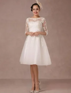 Short Wedding Dress Vintage Lace Applique Long Sleeves Tea Length A-Line Tulle Bridal Gown With Flower Sash Free Customization