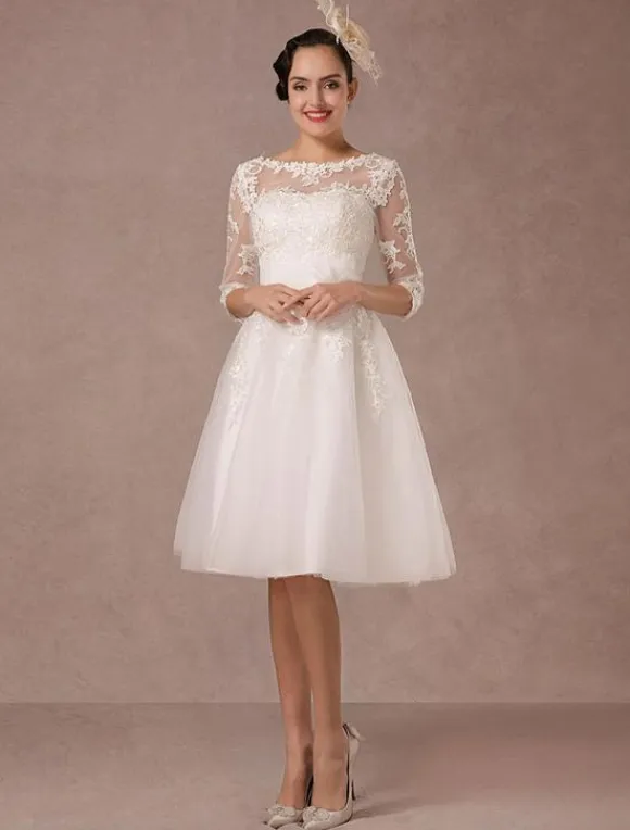 Short Wedding Dress Vintage Lace Applique Long Sleeves Tea Length A-Line Tulle Bridal Gown With Flower Sash Free Customization