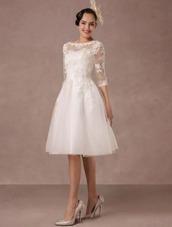 Short Wedding Dress Vintage Lace Applique Long Sleeves Tea Length A-Line Tulle Bridal Gown With Flower Sash Free Customization