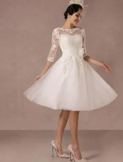 Short Wedding Dress Vintage Lace Applique Long Sleeves Tea Length A-Line Tulle Bridal Gown With Flower Sash Free Customization