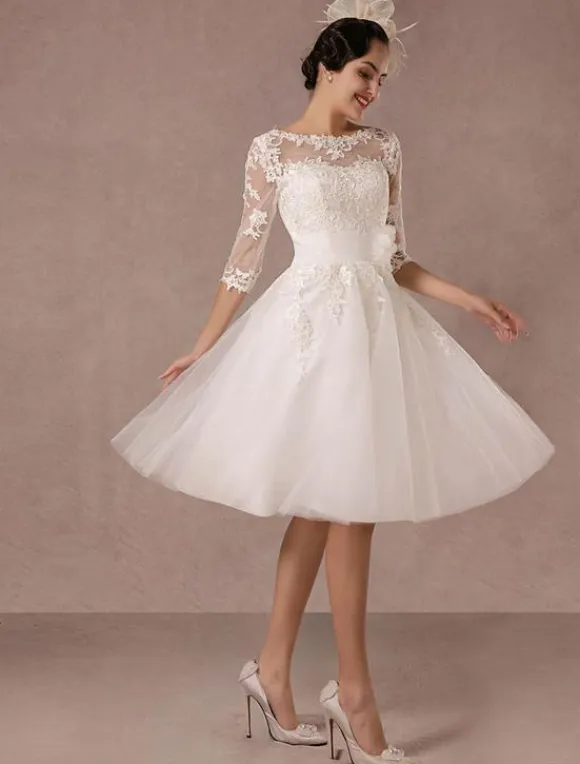 Short Wedding Dress Vintage Lace Applique Long Sleeves Tea Length A-Line Tulle Bridal Gown With Flower Sash Free Customization