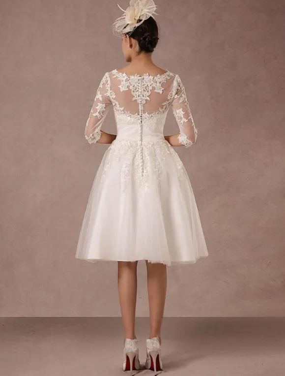 Short Wedding Dress Vintage Lace Applique Long Sleeves Tea Length A-Line Tulle Bridal Gown With Flower Sash Free Customization
