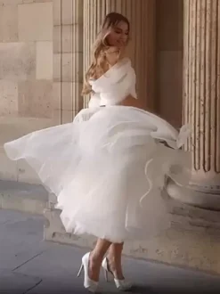 short wedding dress V-Neck Short Sleeves A-Line Natural Waist Organza short bridal dress
